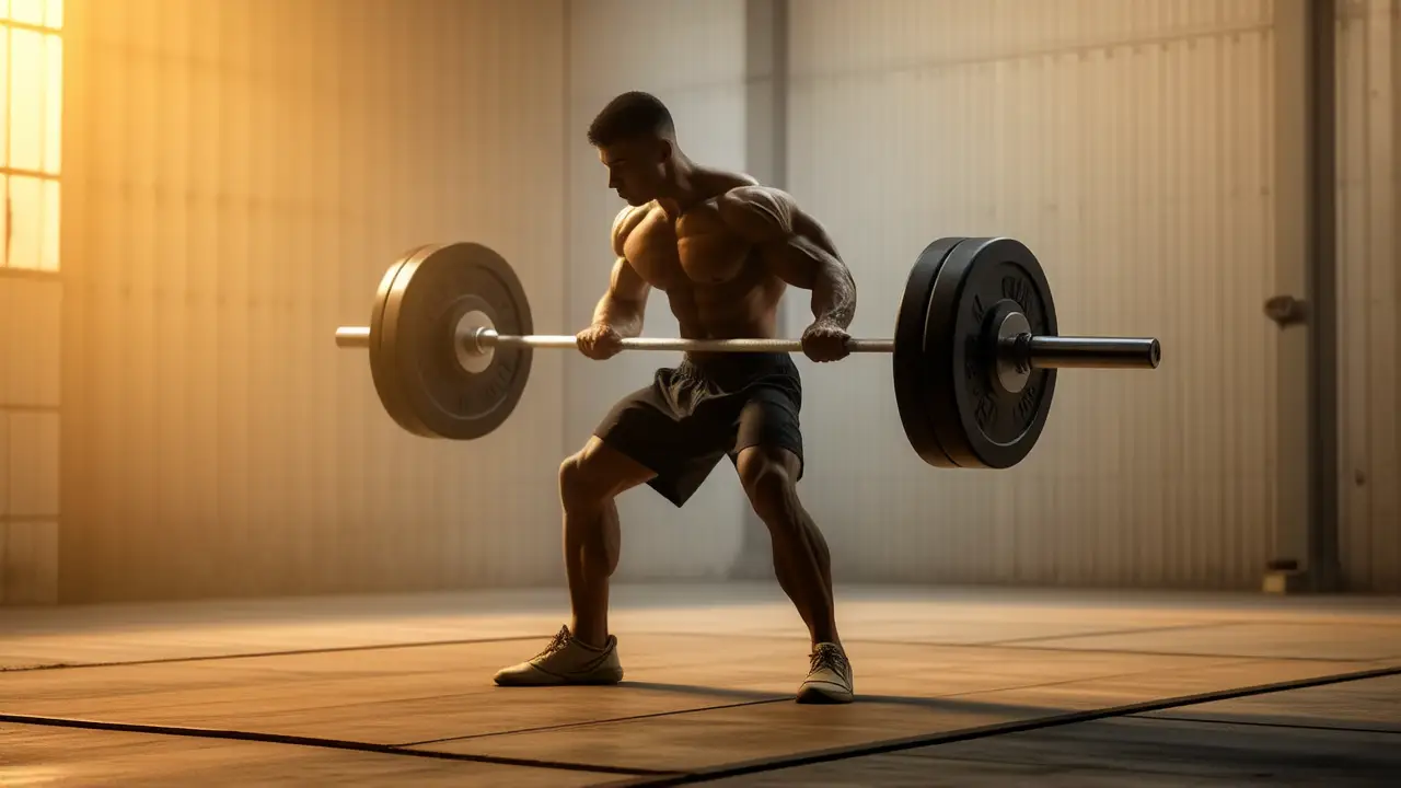 Atleta español musculoso levanta barra en competición