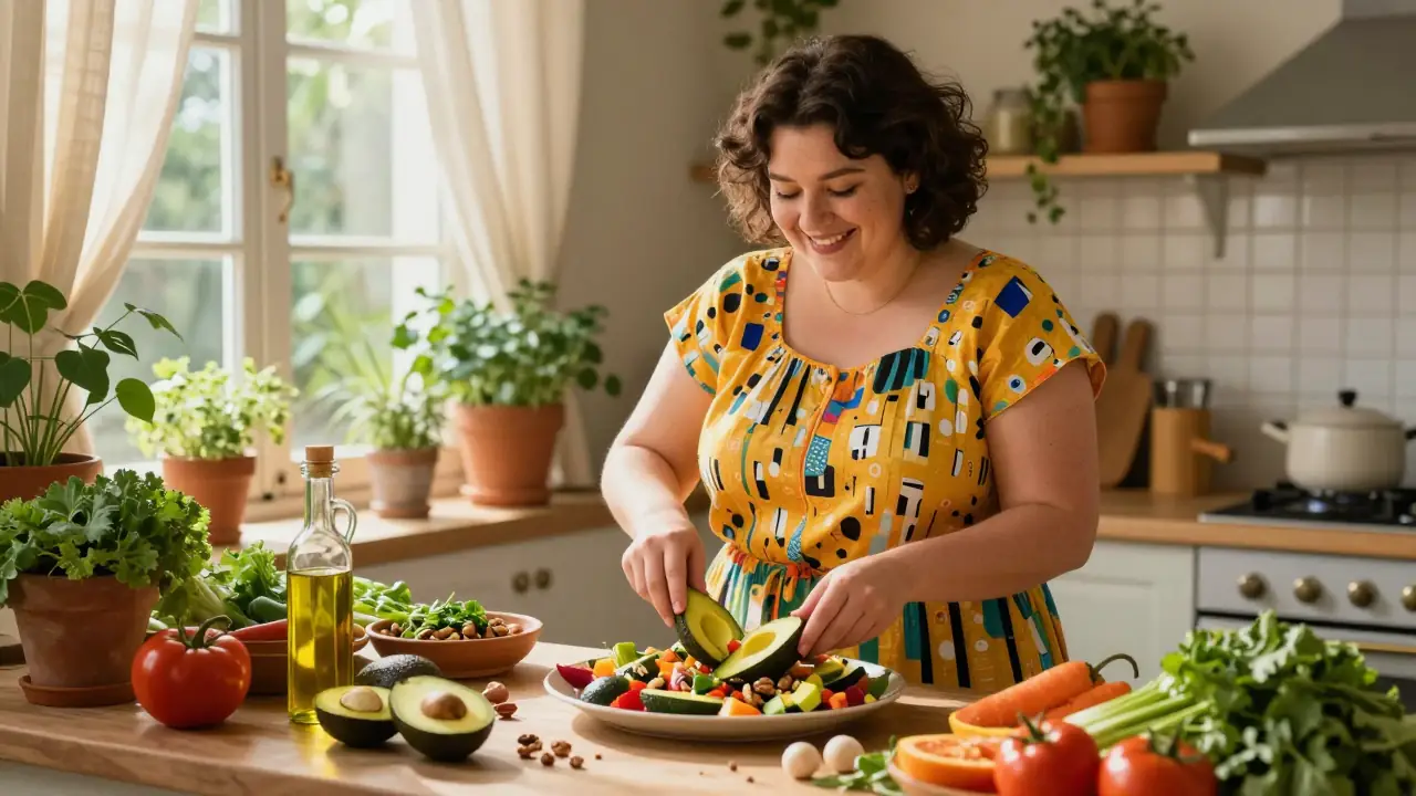 Mujer sonríe, cocinando comida mediterránea y saludable