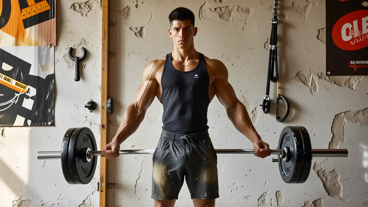 Un atleta español fuerte levanta pesas con intensidad