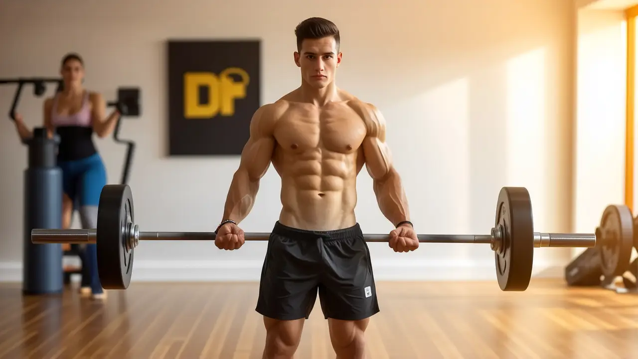 Atleta español musculoso levanta pesas en gimnasio