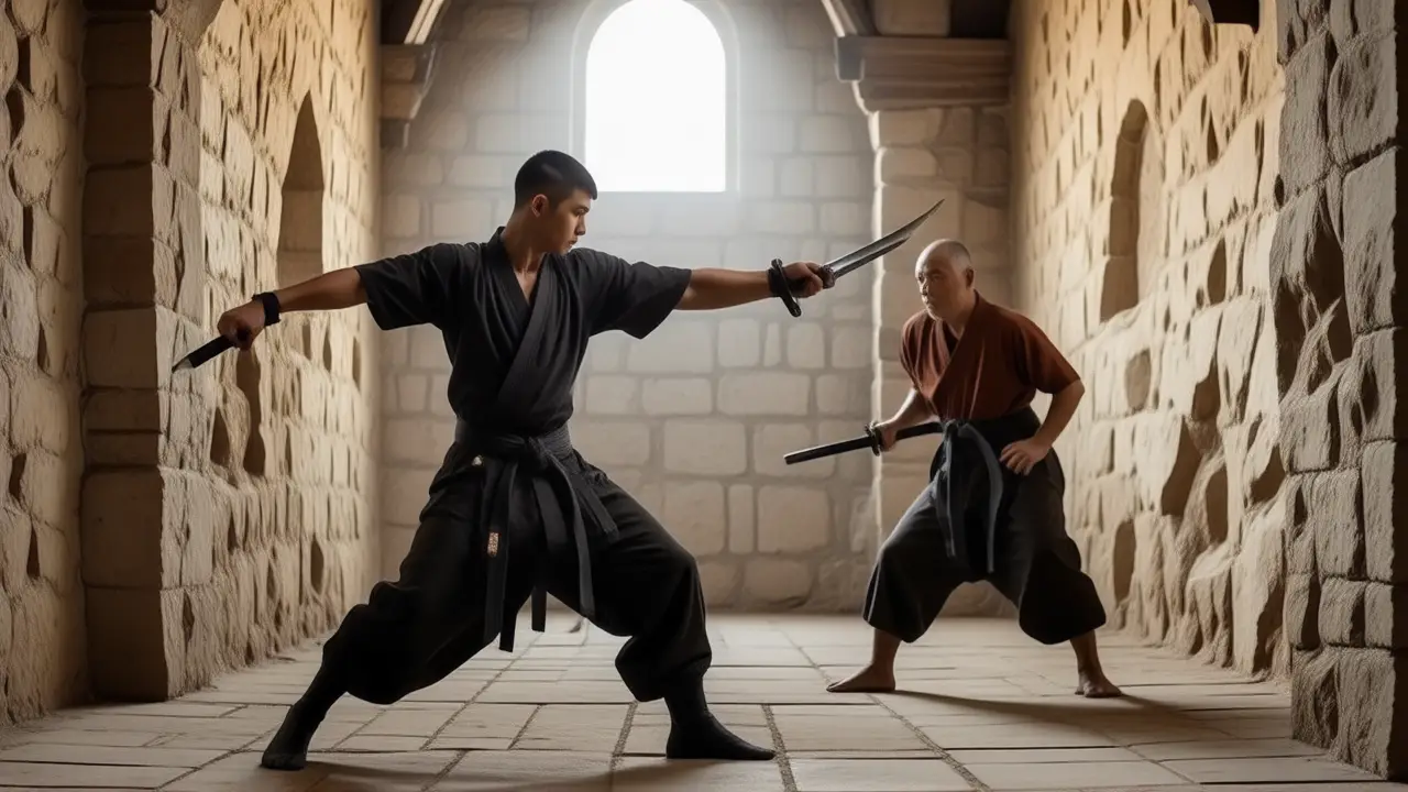 Dominadas Estrictas: Guía Completa y Cross Training 3 Un artista español musculoso domina el dojo oscuro