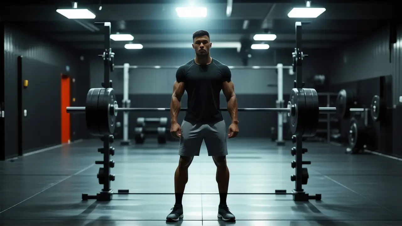 Atleta español musculoso en gimnasio oscuro