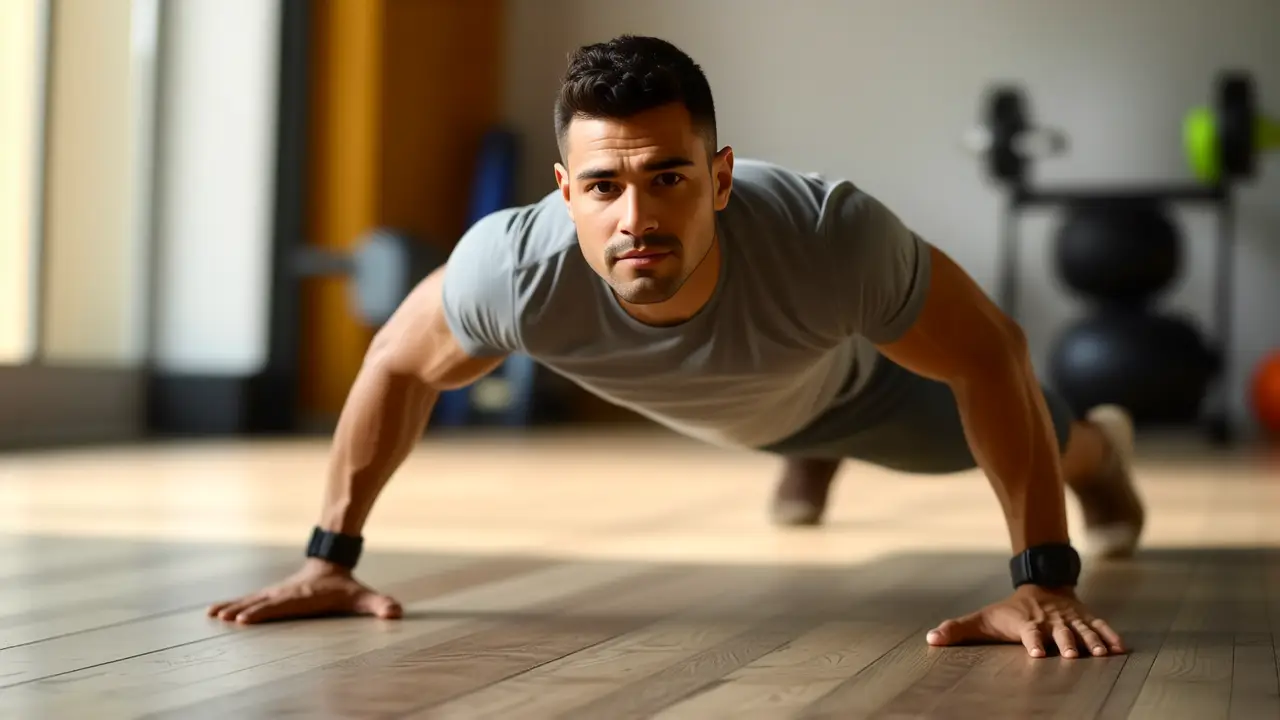 Un hombre atlético realiza una flexión en gimnasio