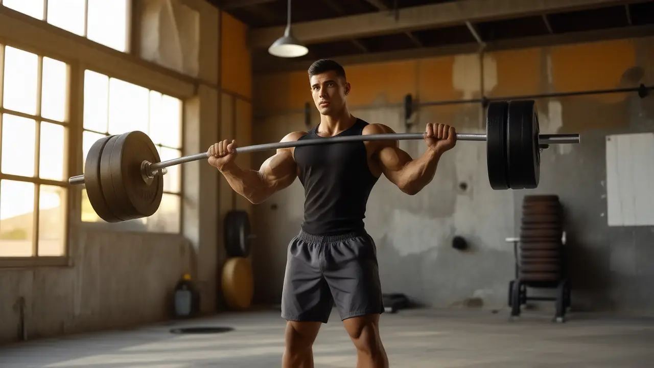 Un hombre fuerte levanta pesas en gimnasio