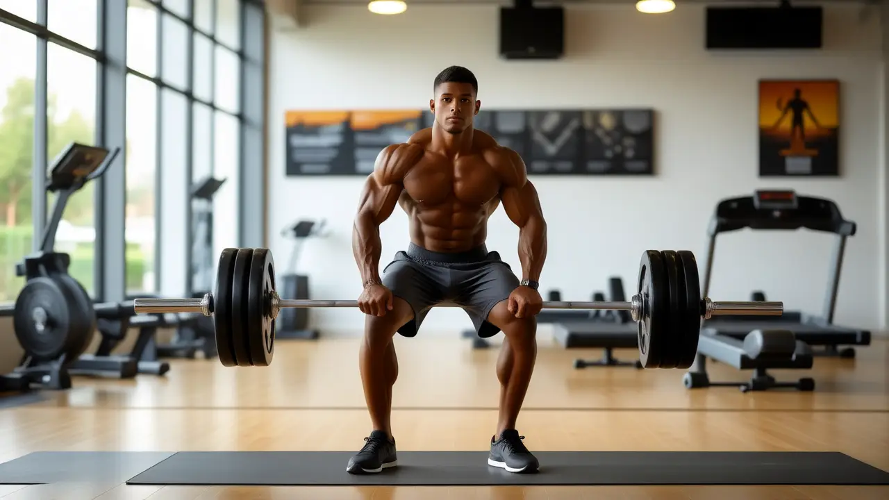 Un hombre atlético se muestra fuerte en gimnasio