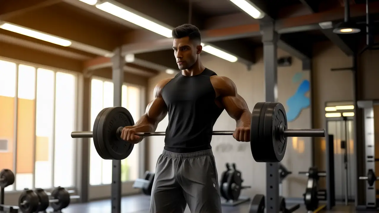 Atleta español musculoso levanta pesas con intensidad