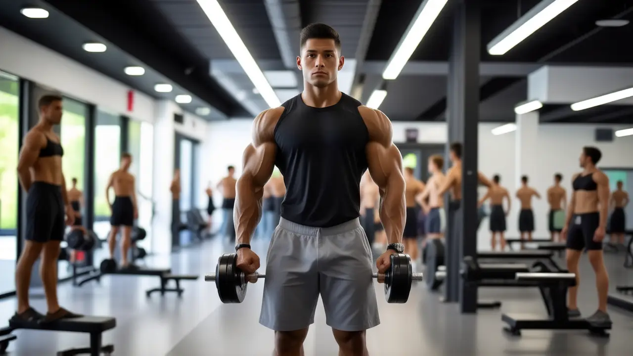 Un hombre atlético levanta pesas en gimnasio