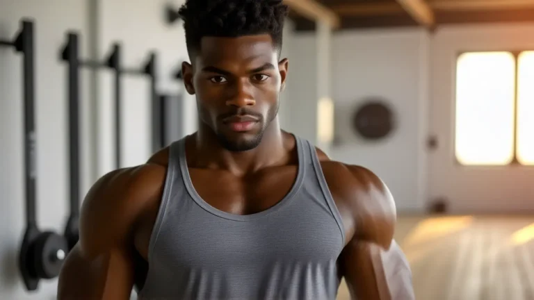 Hombre atlético muestra tensión muscular en gimnasio