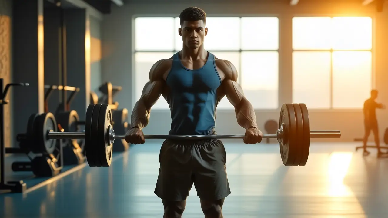 Atleta español musculoso en poses de gimnasio