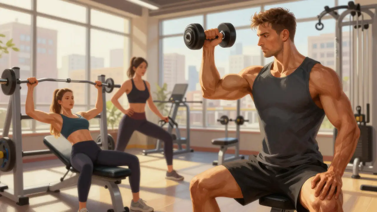 Un instructor muestra bíceps en un gimnasio