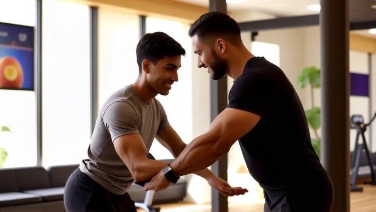 Un entrenador atlético inspira a una clienta en estudio