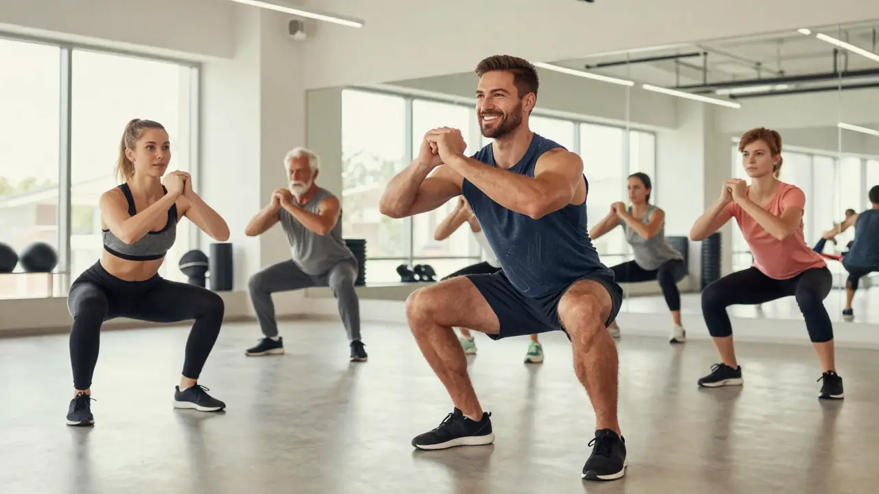 Entrenador sonríe, motivando a diversos clientes