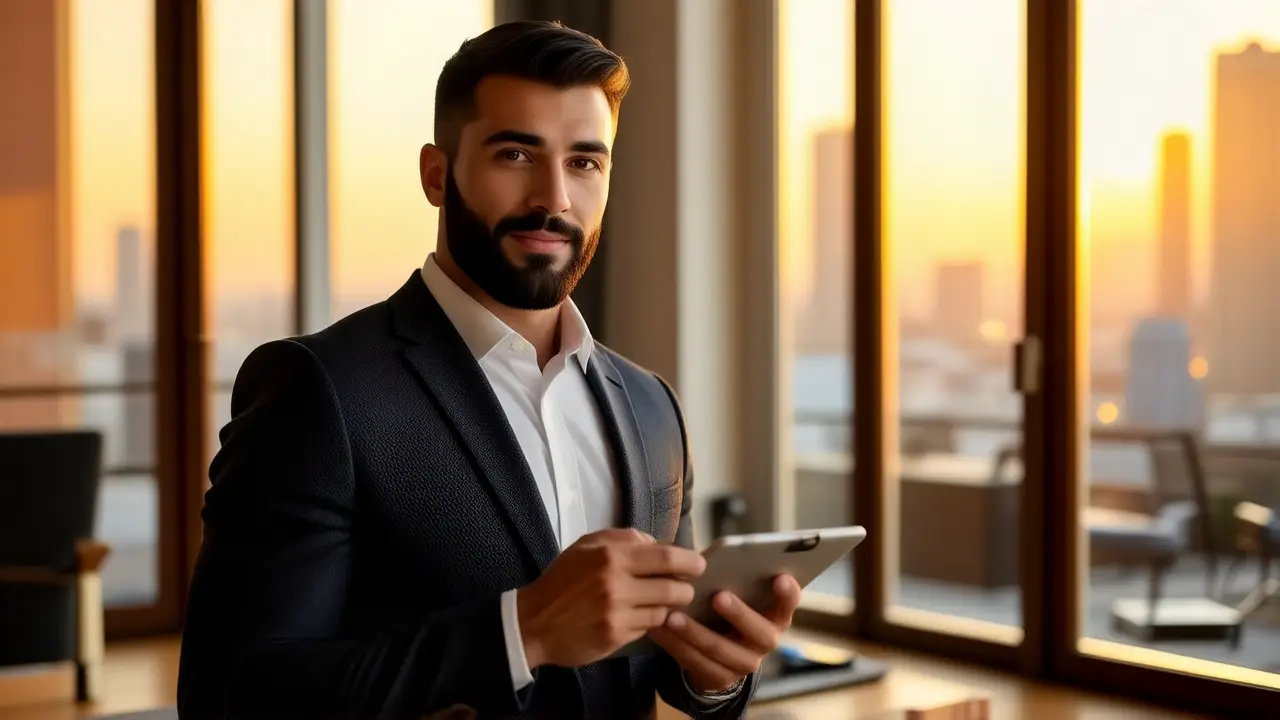 Un hombre atlético transmite confianza en su estudio