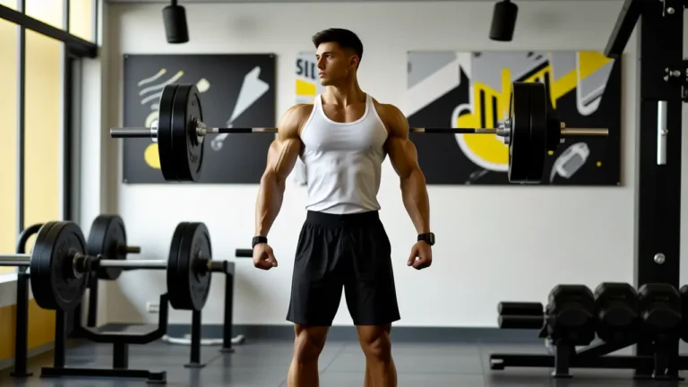 Un hombre atlético levanta pesas en gimnasio