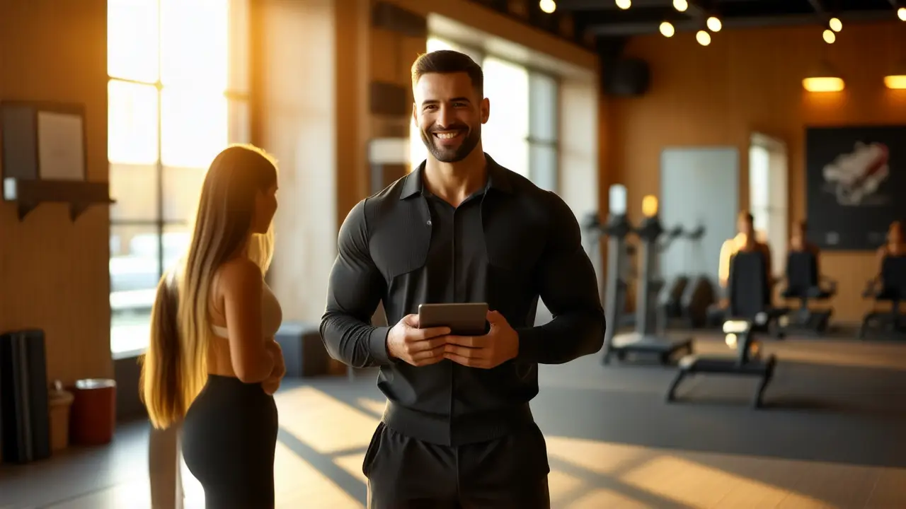 Entrenador atlético transmite confianza en gimnasio moderno
