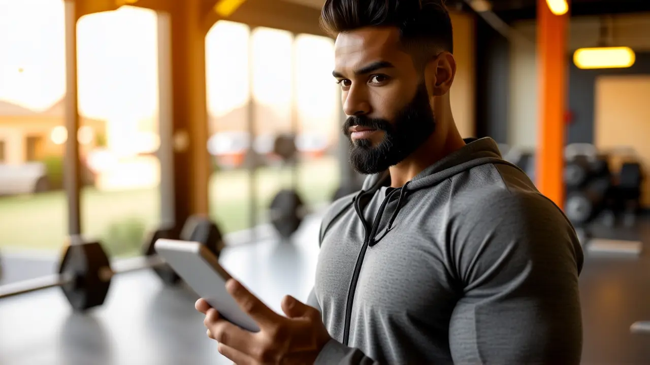 Entrenador atlético en sesión, luz cálida y enfocada