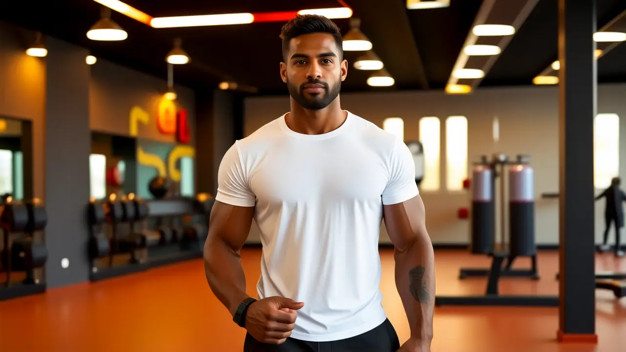 Entrenador español musculoso en luz dorada