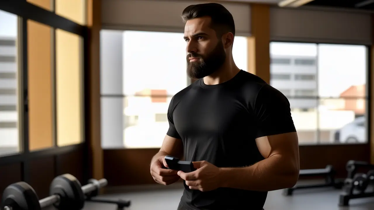 Un hombre atlético consulta en gimnasio con luz cálida