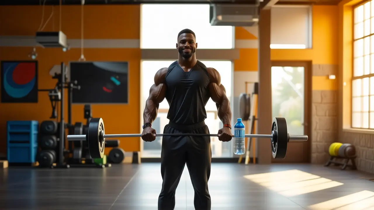 Un hombre atlético sonríe en gimnasio moderno