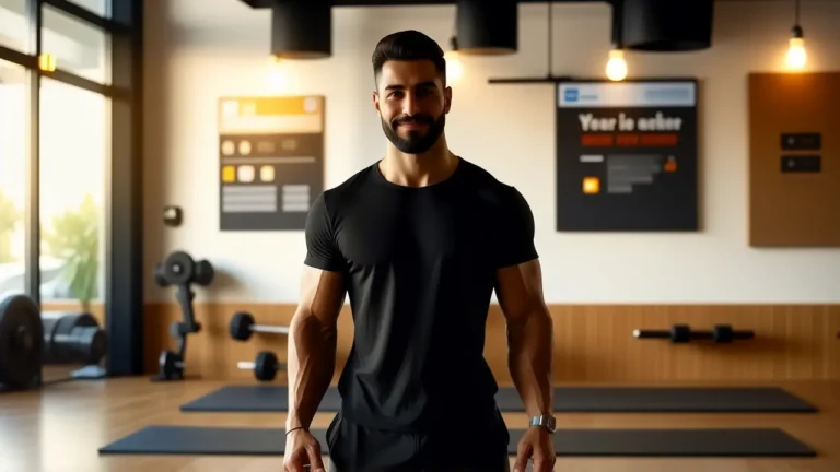 Un hombre atlético sonríe en gimnasio iluminado