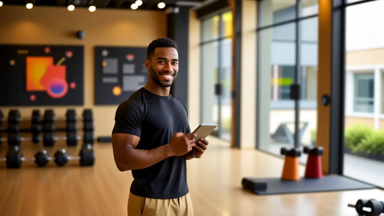 Un entrenador atlético español transmite energía en un estudio moderno