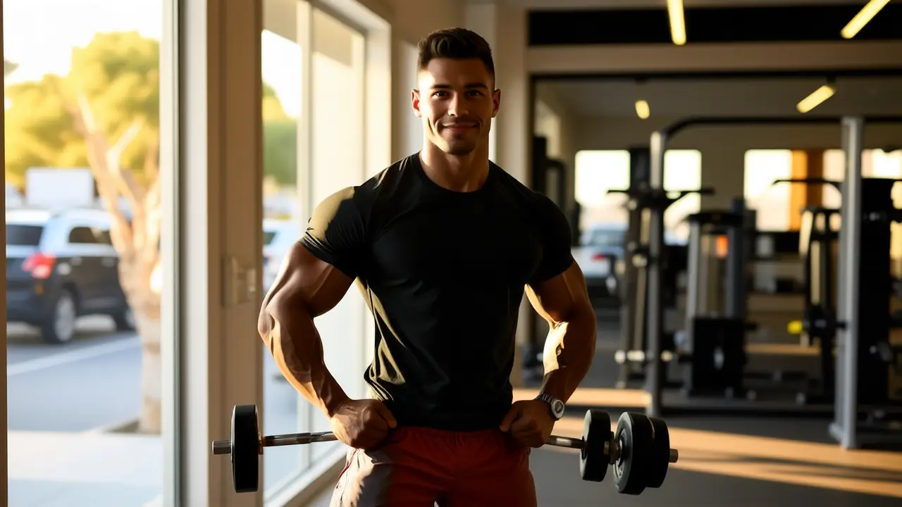 Un hombre atlético en gimnasio transmite calma y confianza