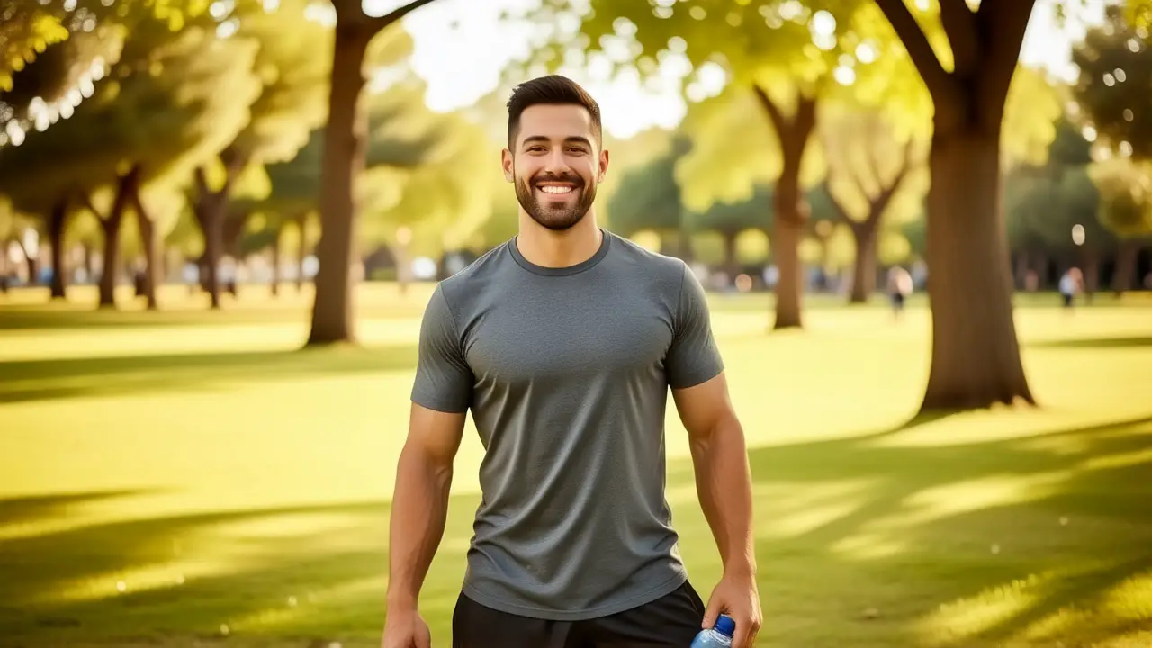 Un hombre atlético transmite energía positiva en un parque soleado