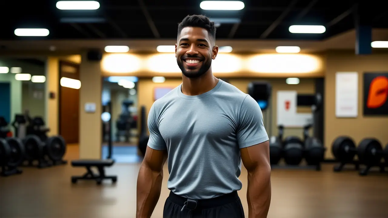 Un hombre atlético sonríe en gimnasio cálido