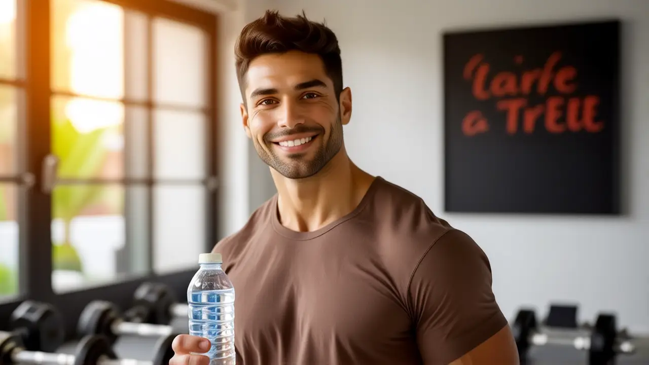 Un hombre atlético sonríe en gimnasio cálido