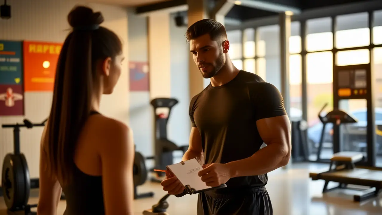 Entrenador español ayuda a clienta en gimnasio moderno
