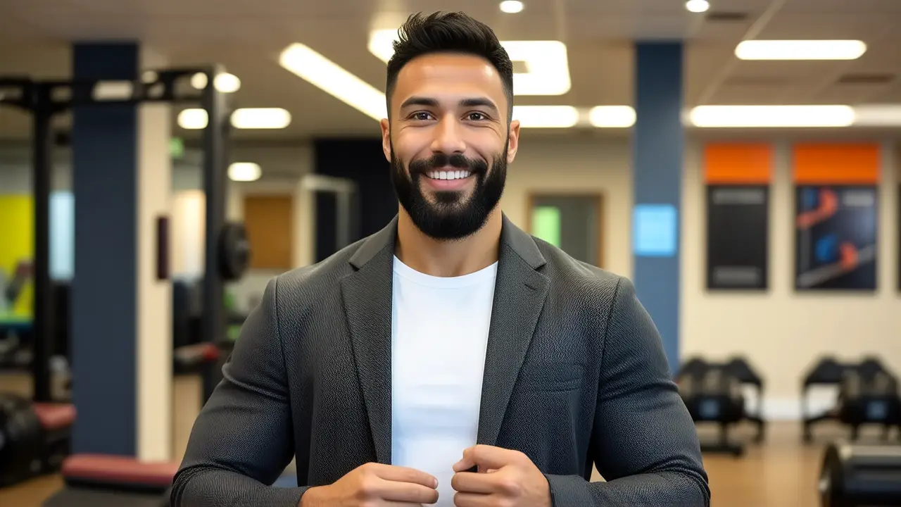 Un hombre atlético sonríe en gimnasio dorado