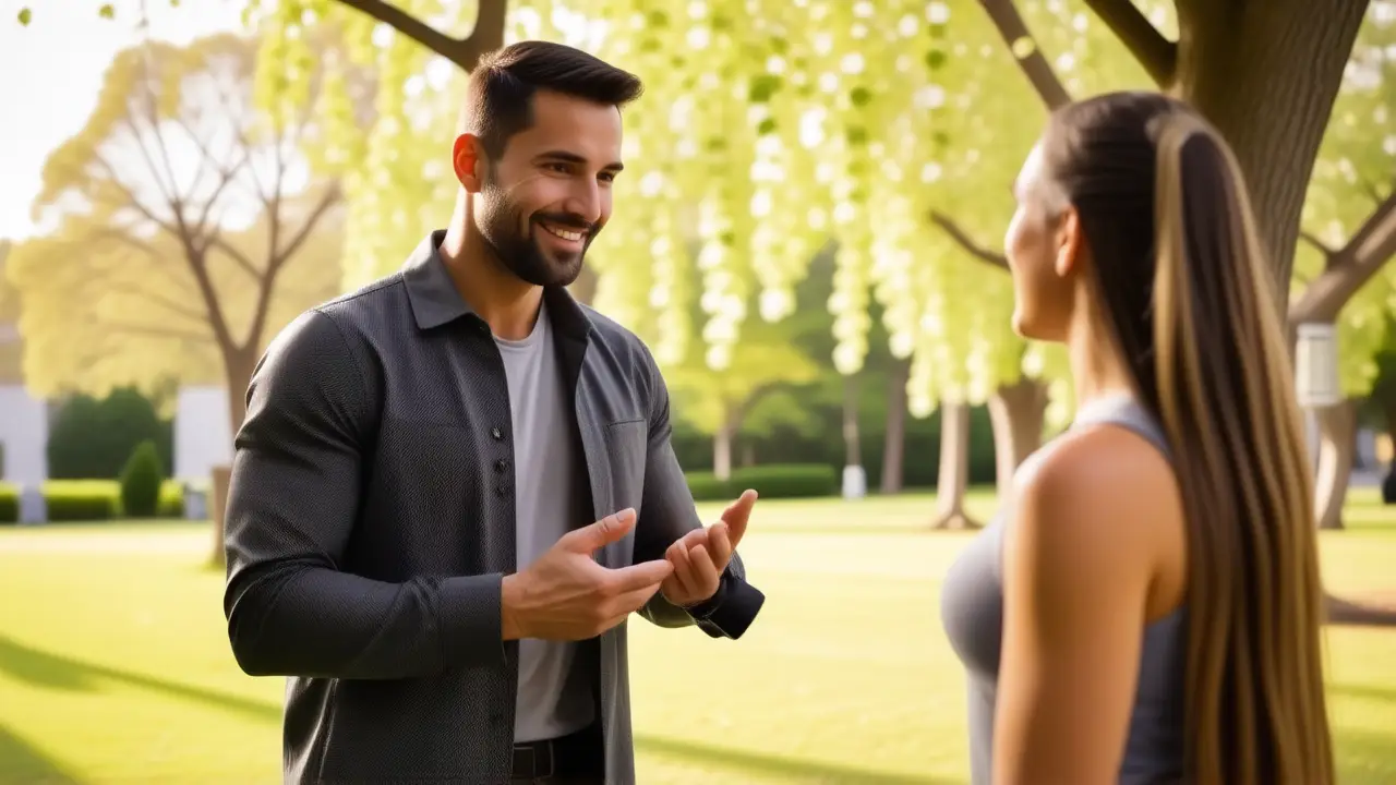 Un entrenador atlético guía a una mujer en un parque soleado