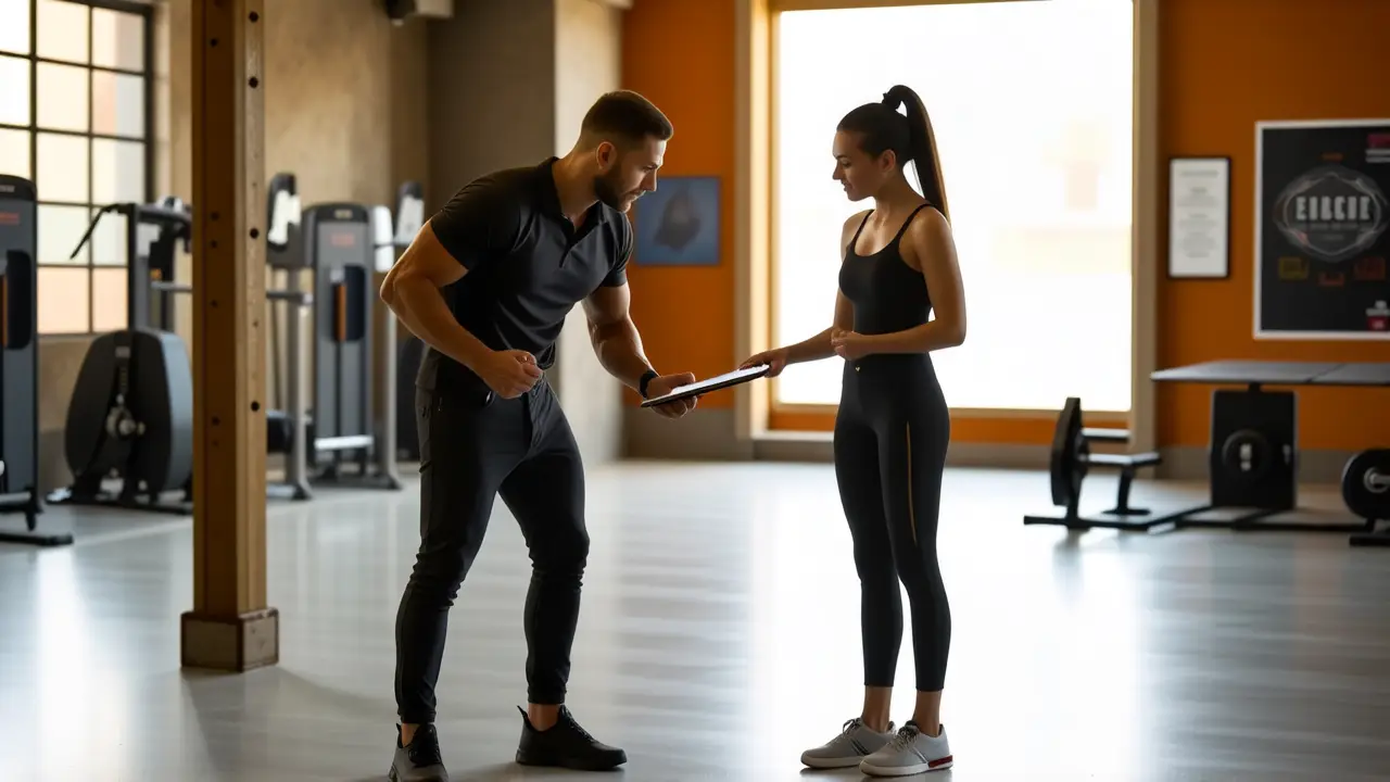 Un entrenador confiado guía a su cliente en gimnasio