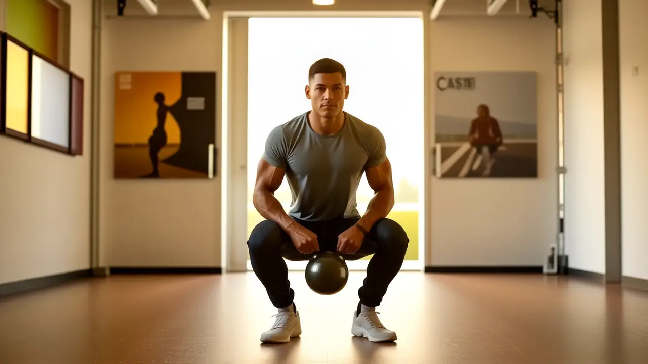 Un hombre atlético levanta el kettlebell en gimnasio