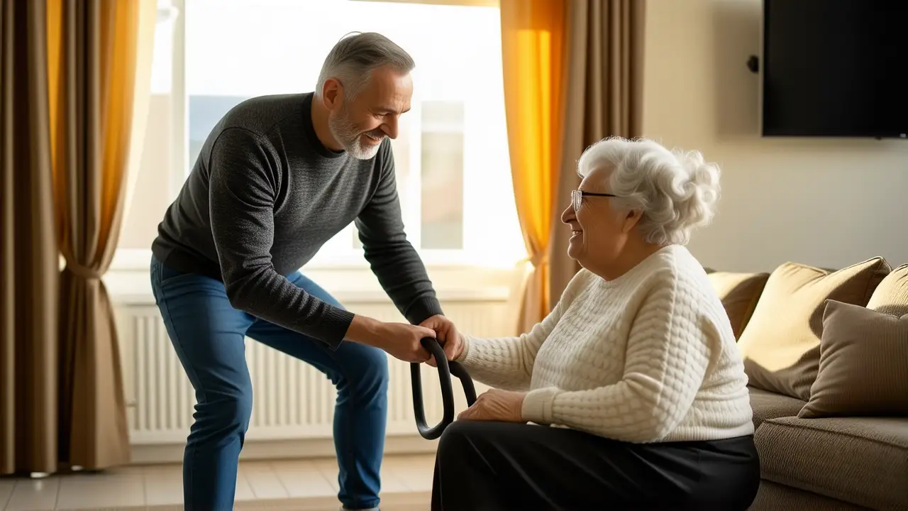 Un hombre ayuda a una anciana con calidez