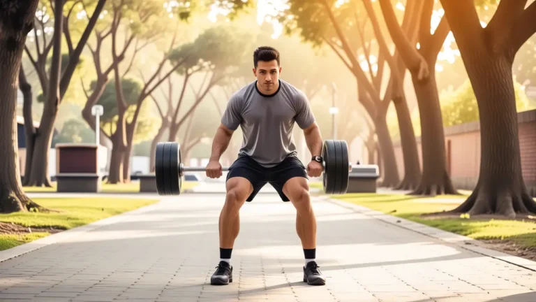 Un hombre atlético levanta pesas en parque