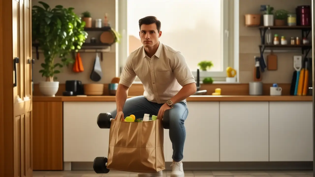 Un hombre atlético levanta pesas en casa