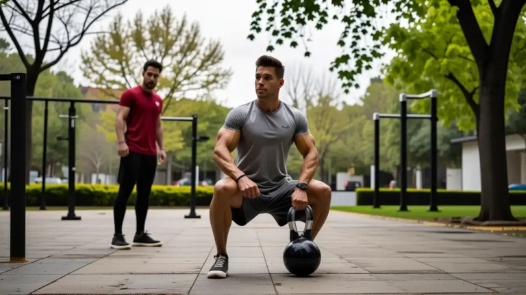 Un hombre atlético levanta pesas en parque