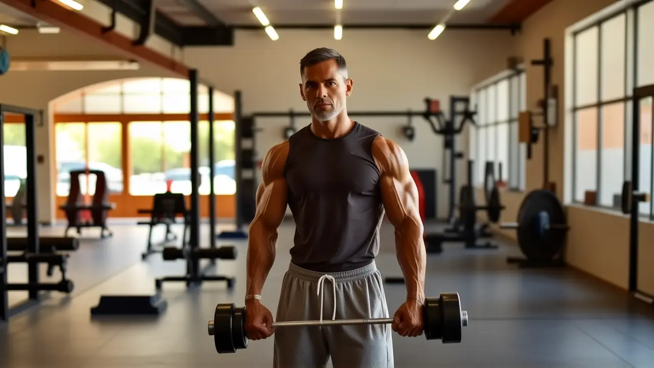 Un hombre atlético levanta pesas en gimnasio