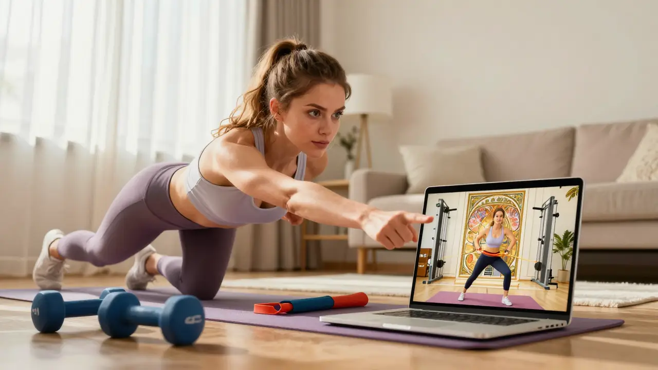 Una joven guía ejercicio virtual con determinación