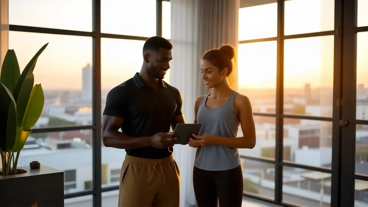 Entrenador atlético inspira a su clienta en gimnasio moderno