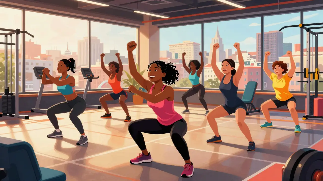 Personas diversas ejercitan juntas en un gimnasio moderno