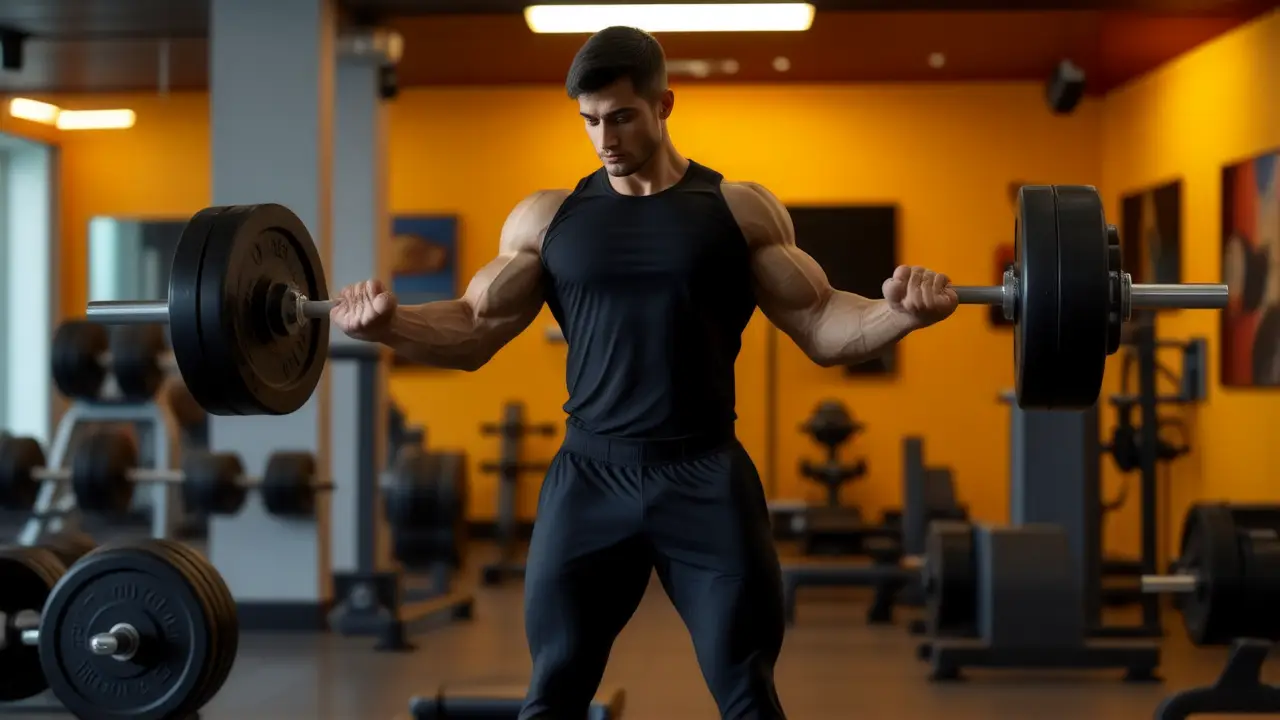 Un español musculoso levanta pesas en luz dramática