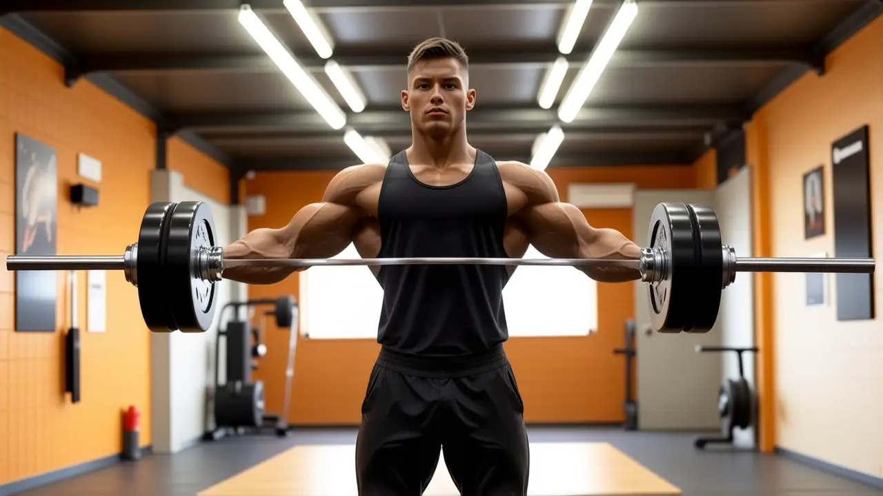 Atleta español musculoso levanta pesas en estudio