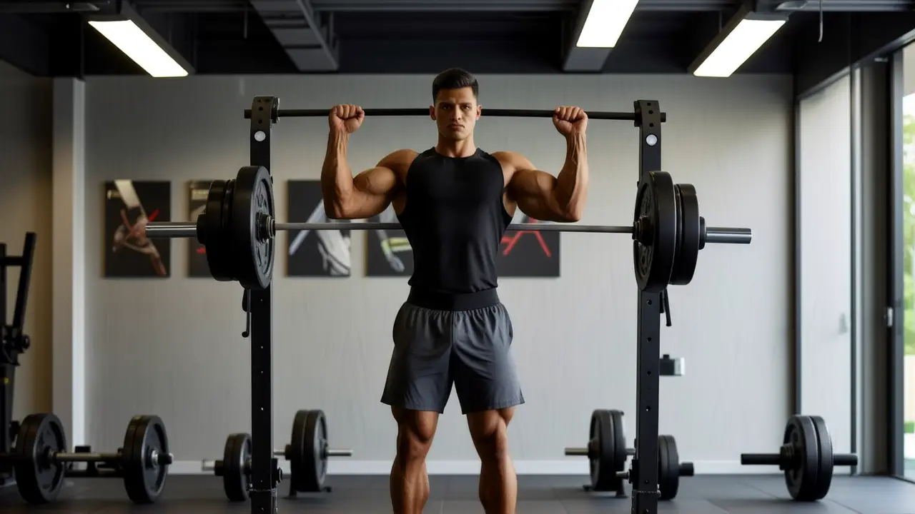 Atleta español fuerte levanta pesas en gimnasio