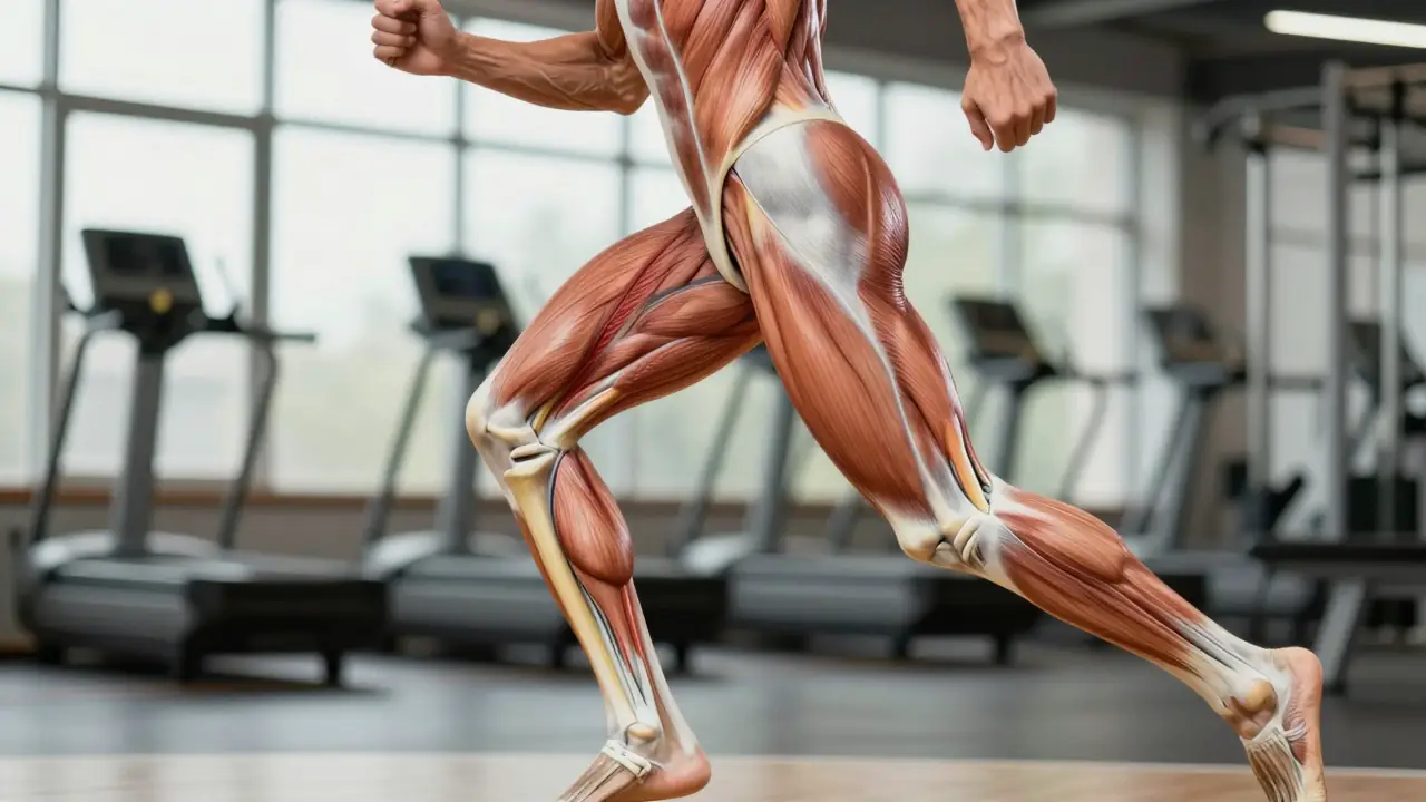 Atleta en carrera, músculos isquiotibiales detallados