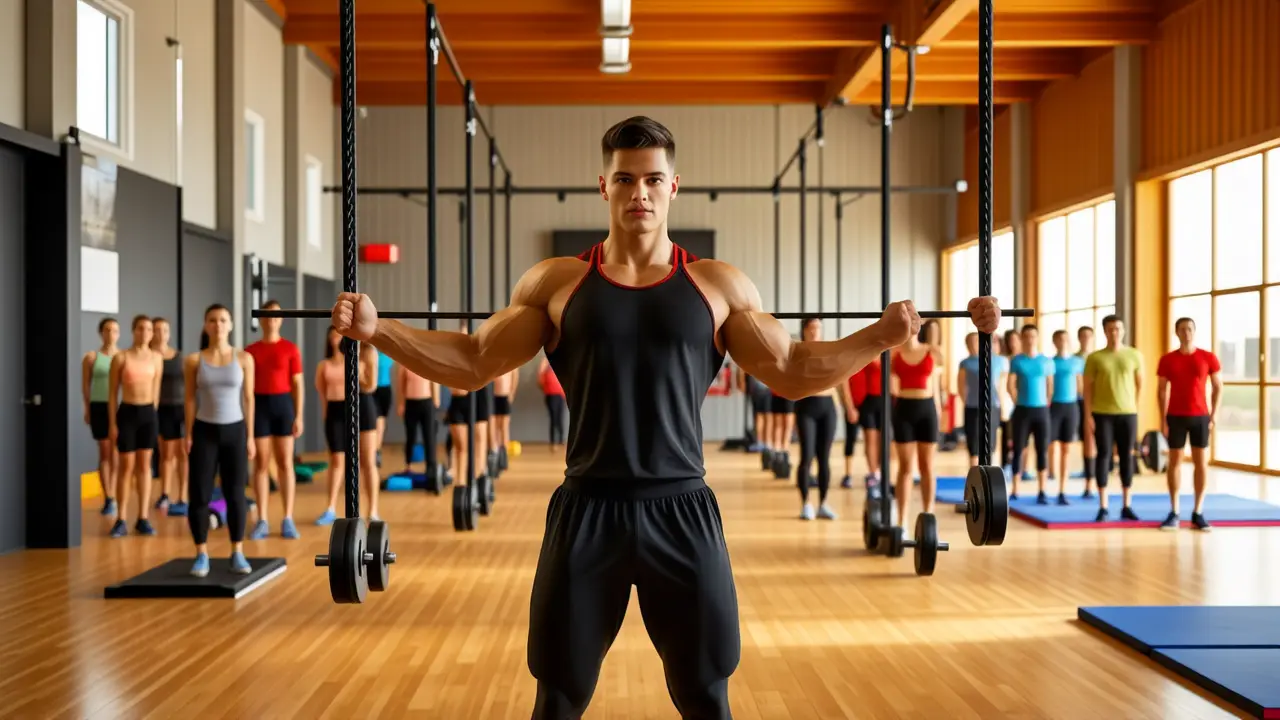Un atleta español musculoso realiza un movimiento intenso en gimnasio