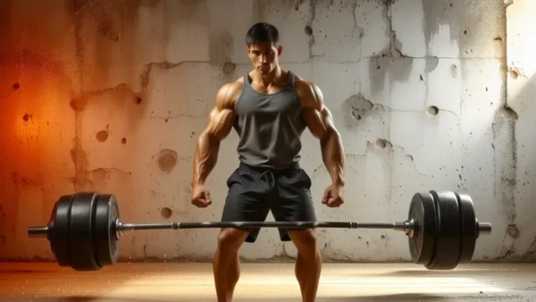 Atleta español musculoso levanta peso en gimnasio