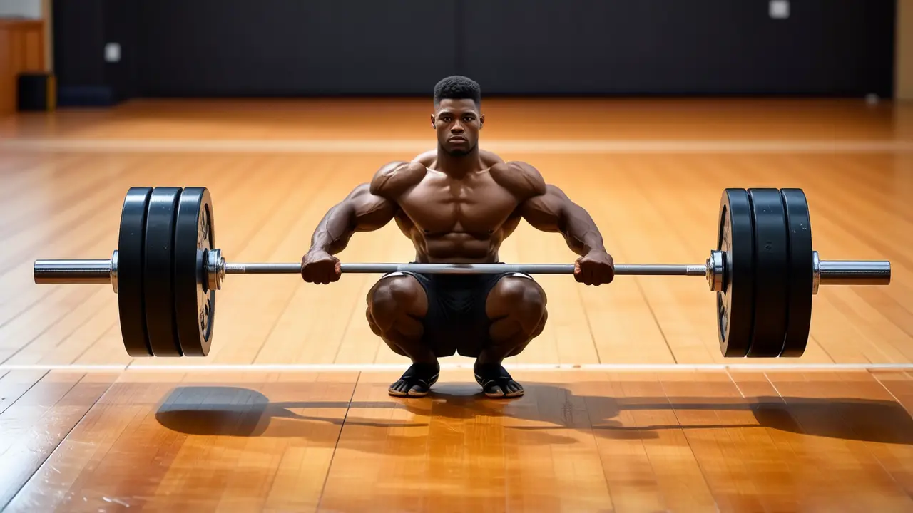 Atleta español musculoso levanta barra en gimnasio