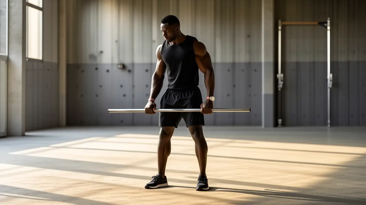 Atleta español musculoso levanta barra en gimnasio